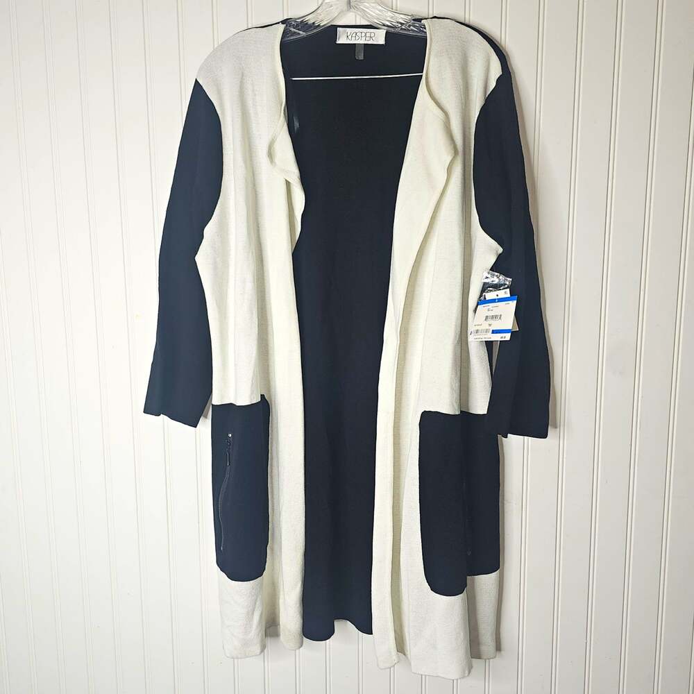 Kasper Women's XL Black/Ivory Colorblock Open Front Cardigan Sweater Knit